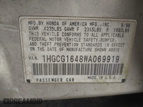 1998 Honda Accord LX z VIN 1HGCG1648WA069919, wystawiony jako IAAI lot #41685395 z przebiegiem 210 163 mil mil oraz . Historia ofert i sprzedaży dostępna na DreamBid. Obrazek 9.