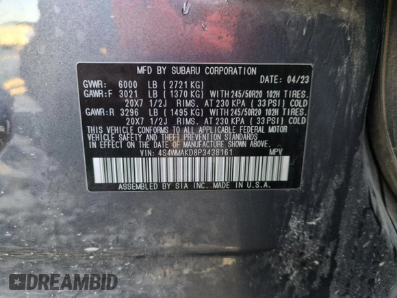 2023 Subaru Ascent Onyx Limited с VIN 4S4WMAKD8P3438161, выставлен на аукционе Copart как лот 46922285 с пробегом 29 592 миль миль и Списание • Salvage title. История ставок и продаж доступна на DreamBid. Изображение 12.