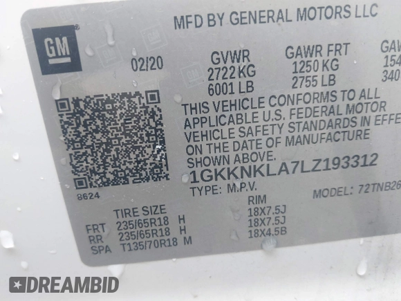 2020 GMC Acadia SLE with VIN 1GKKNKLA7LZ193312, listed as a IAAI auction lot 42083827 with 110,287 mi miles and . Bid and sale history available at DreamBid. Image 9.