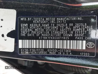 2012 Toyota Camry SE with VIN 4T1BK1FKXCU011825, listed as a IAAI auction lot 41643470 with 114,145 mi miles. Bid and sale history available at carsss.com. Image 9.