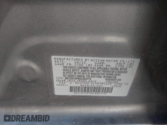 2016 Nissan Versa S with VIN 3N1CN7AP9GL834772, listed as a IAAI auction lot 42506734 with 195,586 mi miles and . Bid and sale history available at DreamBid. Image 9.