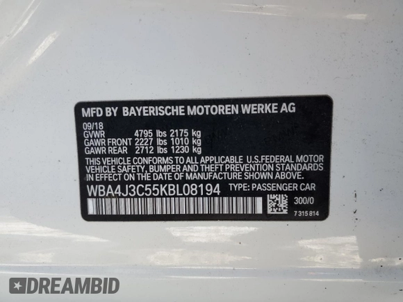 2019 BMW 4 Series 430i xDrive with VIN WBA4J3C55KBL08194, listed as a Copart auction lot 88643655 with 55,785 mi miles and Salvage title. Bid and sale history available at DreamBid. Image 12.