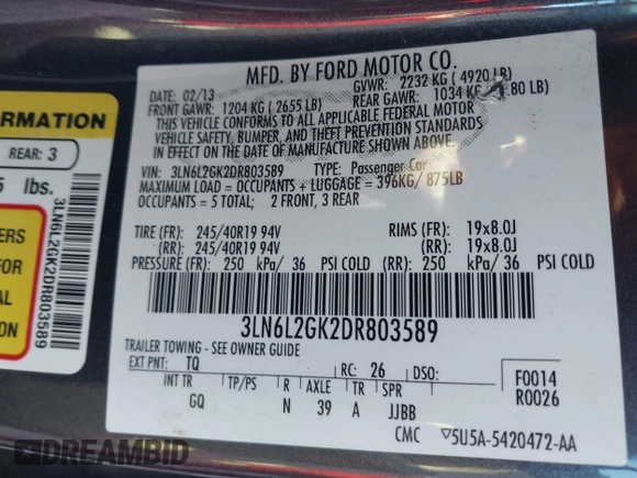 2013 Lincoln MKZ with VIN 3LN6L2GK2DR803589, listed as a IAAI auction lot 41846363 with 75,920 mi miles and . Bid and sale history available at DreamBid. Image 9.