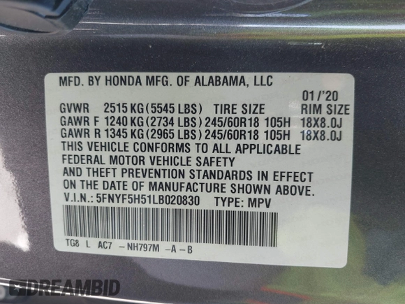 2020 Honda Pilot EX-L with VIN 5FNYF5H51LB020830, listed as a IAAI auction lot 42255746 with 60,503 mi miles and . Bid and sale history available at DreamBid. Image 9.