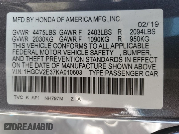 2019 Honda Accord Sport with VIN 1HGCV2E37KA010603, listed as a Copart auction lot 70978034 with 125,552 mi miles and Salvage title. Bid and sale history available at DreamBid. Image 14.