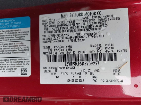 2013 Ford Mustang GT with VIN 1ZVBP8CF5D5209257, listed as a IAAI auction lot 42141198 with 124,462 mi miles and . Bid and sale history available at DreamBid. Image 9.