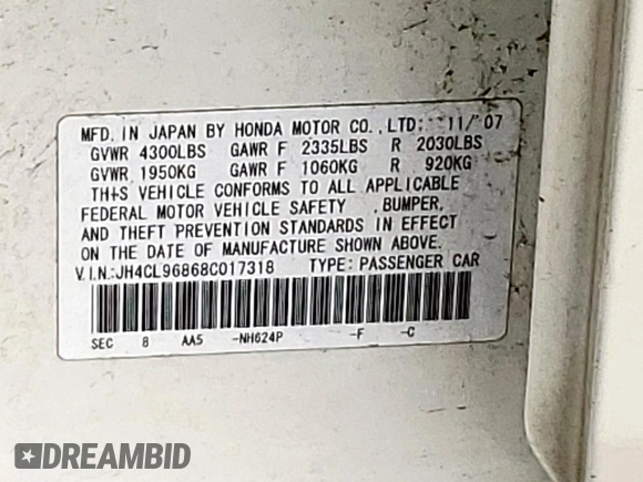 2008 Acura TSX with VIN JH4CL96868C017318, listed as a Copart auction lot 63731945 with 214,248 mi miles and Salvage title. Bid and sale history available at DreamBid. Image 12.