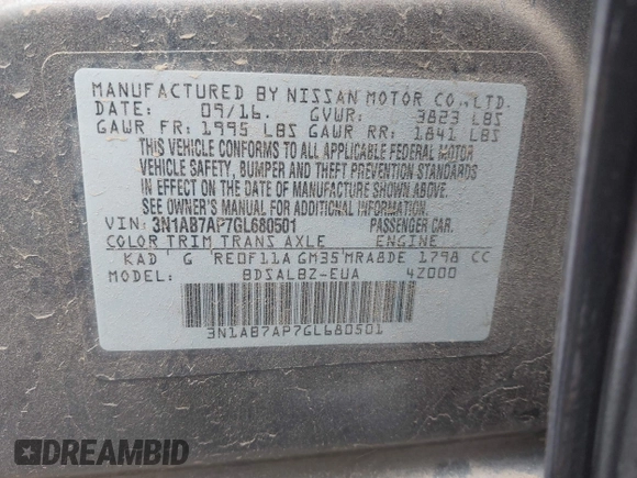 2016 Nissan Sentra SR with VIN 3N1AB7AP7GL680501, listed as a IAAI auction lot 42188296 with 77,608 mi miles and . Bid and sale history available at DreamBid. Image 9.