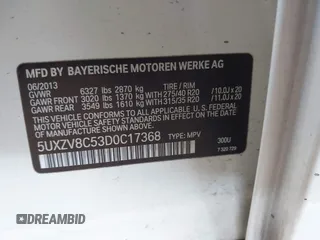 2013 BMW X5 xDrive50i with VIN 5UXZV8C53D0C17368, listed as a IAAI auction lot 42505100 with 86,497 mi miles and . Bid and sale history available at DreamBid. Image 9.