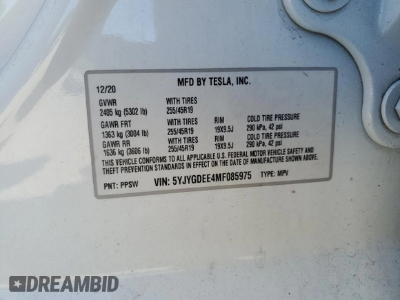 2021 Tesla Model Y Long Range z VIN 5YJYGDEE4MF085975, wystawiony jako Copart lot #58838485 z przebiegiem 72 550 mil mil oraz Szkoda całkowita • Salvage title. Historia ofert i sprzedaży dostępna na DreamBid. Obrazek 12.