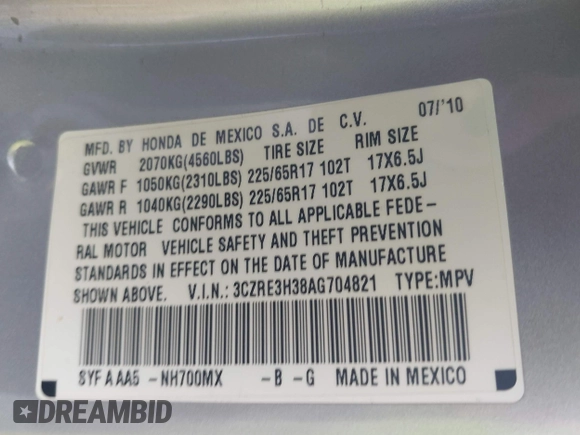 2010 Honda CR-V LX with VIN 3CZRE3H38AG704821, listed as a IAAI auction lot 42579550 with 269,511 mi miles and . Bid and sale history available at DreamBid. Image 9.