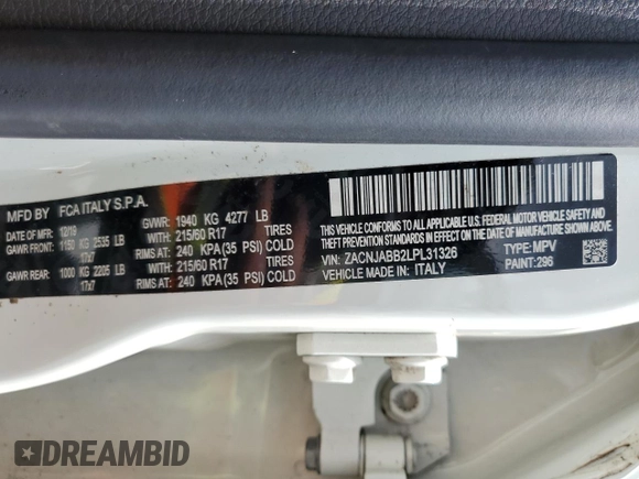 2020 Jeep Renegade Latitude with VIN ZACNJABB2LPL31326, listed as a Copart auction lot 54415525 with 80,656 mi miles and Salvage title. Bid and sale history available at DreamBid. Image 13.