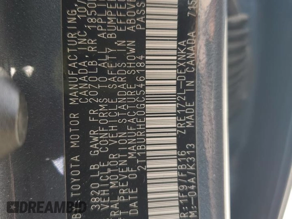 2016 Toyota Corolla L with VIN 2T1BURHE0GC546184, listed as a Copart auction lot 55919885 with 107,881 mi miles and Salvage Title. Bid and sale history available at DreamBid. Image 13.