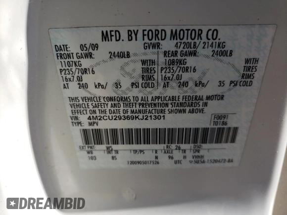2009 Mercury Mariner Hybrid with VIN 4M2CU29369KJ21301, listed as a Copart auction lot 89171825 with 207,355 mi miles and Salvage title. Bid and sale history available at DreamBid. Image 16.