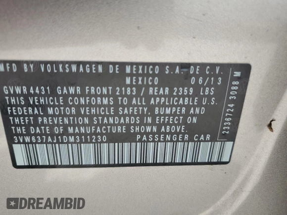 2013 Volkswagen Jetta Hybrid SE с VIN 3VW637AJ1DM311230, выставлен на аукционе Copart как лот 61694665 с пробегом 189 215 миль миль и Чистый • Clean title. История ставок и продаж доступна на DreamBid. Изображение 13.