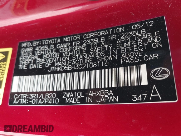 2012 Lexus CT 200h z VIN JTHKD5BH3C2108116, wystawiony jako IAAI lot #42340708 z przebiegiem 123 964 mil mil oraz . Historia ofert i sprzedaży dostępna na DreamBid. Obrazek 9.