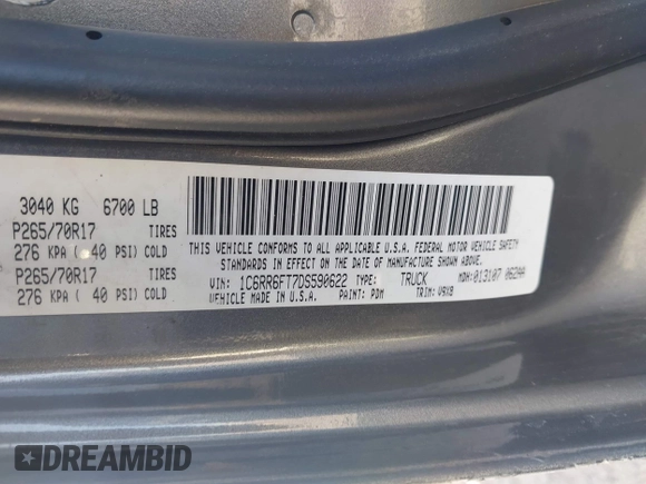 2013 Ram 1500 Express with VIN 1C6RR6FT7DS590622, listed as a IAAI auction lot 40913509 with 87,353 mi miles and . Bid and sale history available at DreamBid. Image 9.