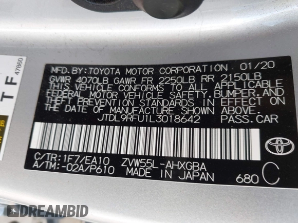 2020 Toyota Prius LE with VIN JTDL9RFU1L3018642, listed as a IAAI auction lot 41445840 with 41,090 mi miles and . Bid and sale history available at DreamBid. Image 9.