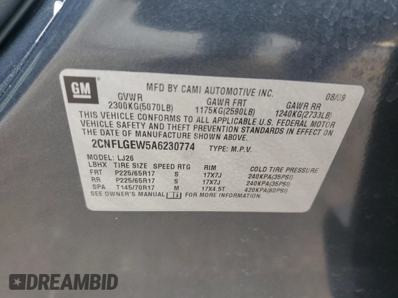 2010 Chevrolet Equinox LTZ with VIN 2CNFLGEW5A6230774, listed as a Copart auction lot 86817024 with 100,767 mi miles and Salvage Title. Bid and sale history available at DreamBid. Image 13.
