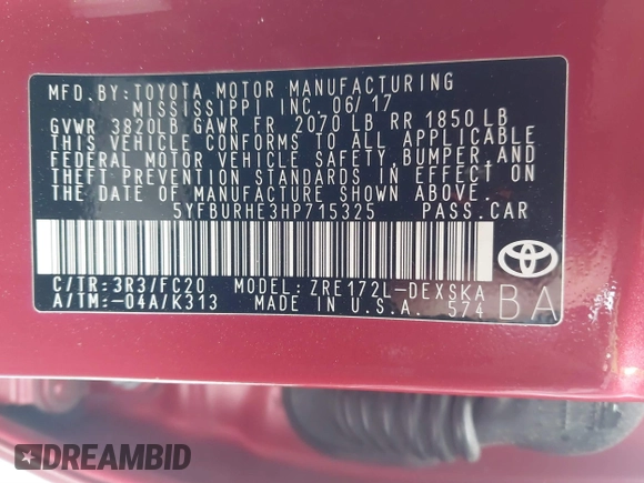 2017 Toyota Corolla L z VIN 5YFBURHE3HP715325, wystawiony jako IAAI lot #41804657 z przebiegiem 74 648 mil mil oraz . Historia ofert i sprzedaży dostępna na DreamBid. Obrazek 9.