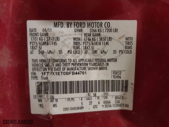 2011 Ford F-150 XL with VIN 1FTFX1ET0BFB44761, listed as a IAAI auction lot 40688506 with 116,693 mi miles. Bid and sale history available at carsss.com. Image 9.