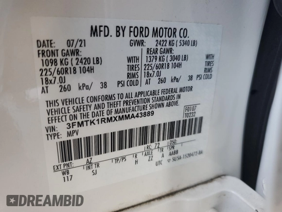 2021 Ford Mustang Mach-E Select with VIN 3FMTK1RMXMMA43889, listed as a Copart auction lot 58874515 with 80,212 mi miles and Salvage title. Bid and sale history available at DreamBid. Image 12.