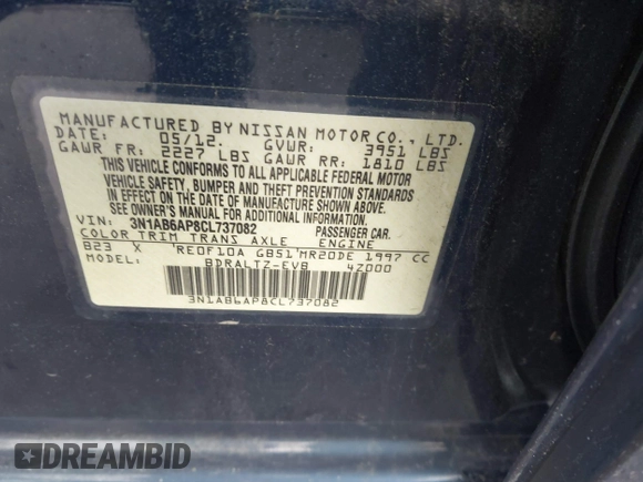 2012 Nissan Sentra S with VIN 3N1AB6AP8CL737082, listed as a IAAI auction lot 42362500 with 138,891 mi miles and . Bid and sale history available at DreamBid. Image 9.