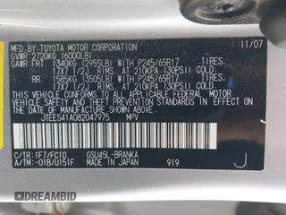 2008 Toyota Highlander z VIN JTEES41A082047975, wystawiony jako IAAI lot #42386511 z przebiegiem 229 825 mil mil oraz . Historia ofert i sprzedaży dostępna na DreamBid. Obrazek 9.
