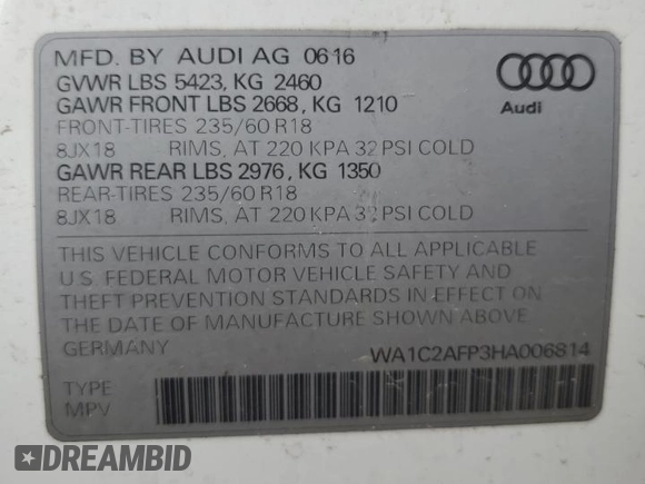 2017 Audi Q5 Premium with VIN WA1C2AFP3HA006814, listed as a Copart auction lot 81923714 with 105,235 mi miles and Salvage Title. Bid and sale history available at carsss.com. Image 14.