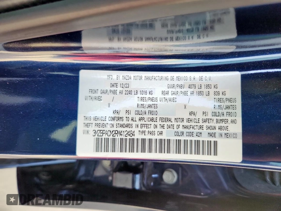2024 Mazda 3 S Preferred with VIN 3MZBPACM2RM412484, listed as a Copart auction lot 56912155 with 6,356 mi miles and Salvage title. Bid and sale history available at DreamBid. Image 12.