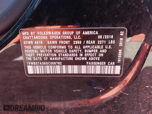 2016 Volkswagen Passat SE z VIN 1VWBS7A36GC056762, wystawiony jako IAAI lot #41848226 z przebiegiem 89 000 mil mil oraz . Historia ofert i sprzedaży dostępna na DreamBid. Obrazek 9.