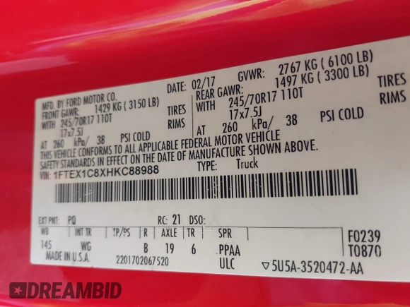2017 Ford F-150 XL with VIN 1FTEX1C8XHKC88988, listed as a IAAI auction lot 41866592 with 121,709 mi miles. Bid and sale history available at carsss.com. Image 9.