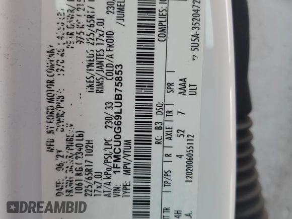 2020 Ford Escape SE with VIN 1FMCU0G69LUB75853, listed as a Copart auction lot 63194785 with Not provided miles and Salvage title. Bid and sale history available at DreamBid. Image 13.