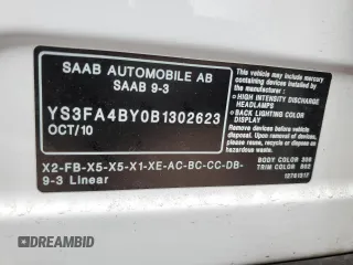 2011 Saab 9-3 z VIN YS3FA4BY0B1302623, wystawiony jako Copart lot #54060085 z przebiegiem 121 534 mil mil oraz Szkody całkowita. Historia ofert i sprzedaży dostępna na DreamBid. Obrazek 13.