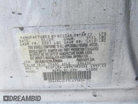 2009 Nissan Sentra S with VIN 3N1AB61E29L639804, listed as a IAAI auction lot 42074055 with 133,358 mi miles and . Bid and sale history available at DreamBid. Image 9.