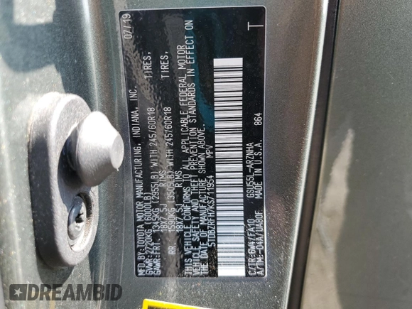 2019 Toyota Highlander LE with VIN 5TDBZRFH7KS711954, listed as a Copart auction lot 62260155 with 51,326 mi miles and Salvage title. Bid and sale history available at DreamBid. Image 13.