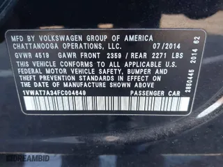 2015 Volkswagen Passat 1.8T Wolfsburg Ed with VIN 1VWAT7A34FC004649, listed as a IAAI auction lot 41728398 with 91,651 mi miles. Bid and sale history available at carsss.com. Image 9.