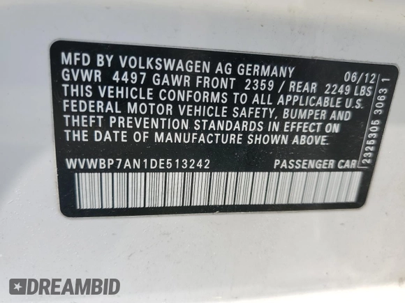 2013 Volkswagen CC R-Line with VIN WVWBP7AN1DE513242, listed as a Copart auction lot 58666524 with 53,460 mi miles and Salvage Title. Bid and sale history available at carsss.com. Image 12.