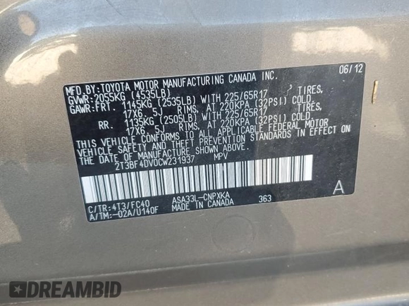 2012 Toyota RAV4 with VIN 2T3BF4DV0CW231937, listed as a Copart auction lot 59006495 with 159,838 mi miles and Salvage title. Bid and sale history available at DreamBid. Image 12.