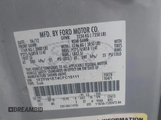 2012 Ford F-150 XL with VIN 1FTFW1ET4CFC15111, listed as a IAAI auction lot 42525823 with Not provided miles and . Bid and sale history available at DreamBid. Image 9.