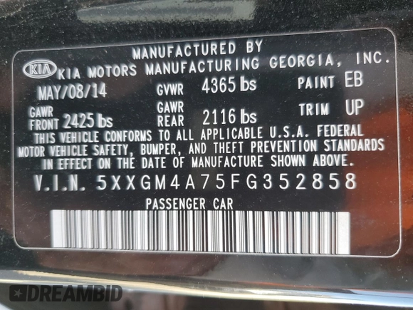 2015 Kia Optima LX with VIN 5XXGM4A75FG352858, listed as a Copart auction lot 50619205 with 166,145 mi miles and Salvage Title. Bid and sale history available at carsss.com. Image 13.