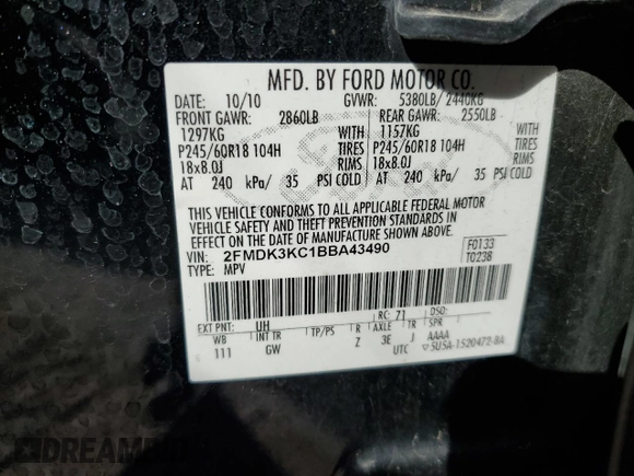 2011 Ford Edge Limited с VIN 2FMDK3KC1BBA43490, выставлен на аукционе Copart как лот 57898575 с пробегом 232 432 миль миль и Списание • Salvage title. История ставок и продаж доступна на DreamBid. Изображение 12.