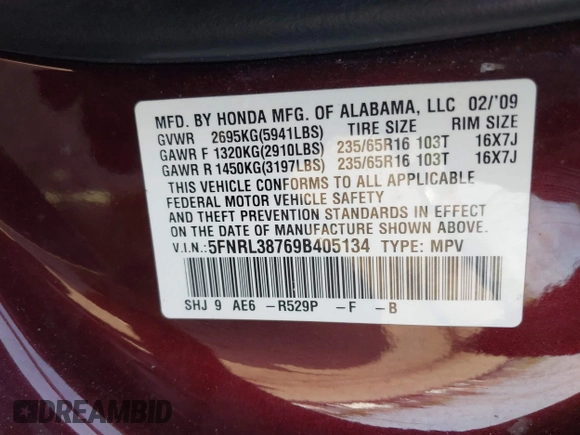 2009 Honda Odyssey EX-L с VIN 5FNRL38769B405134, выставлен на аукционе IAAI как лот 42122865 с пробегом 205 998 миль миль и . История ставок и продаж доступна на DreamBid. Изображение 9.