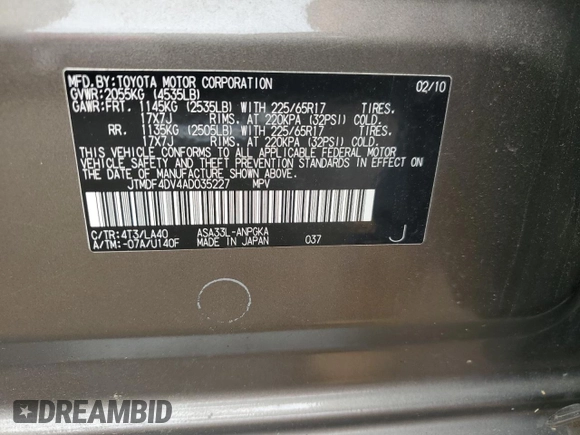 2010 Toyota RAV4 Limited with VIN JTMDF4DV4AD035227, listed as a Copart auction lot 62567895 with 112,093 mi miles and Salvage title. Bid and sale history available at DreamBid. Image 12.