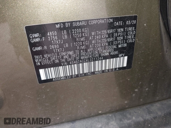 2020 Subaru Outback Premium with VIN 4S4BTACC4L3211244, listed as a IAAI auction lot 42495289 with 48,565 mi miles and . Bid and sale history available at DreamBid. Image 9.
