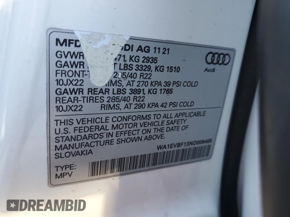 2022 Audi Q8 Premium Plus with VIN WA1EVBF13ND009465, listed as a Copart auction lot 76767644 with 49,868 mi miles and Salvage Title. Bid and sale history available at carsss.com. Image 14.