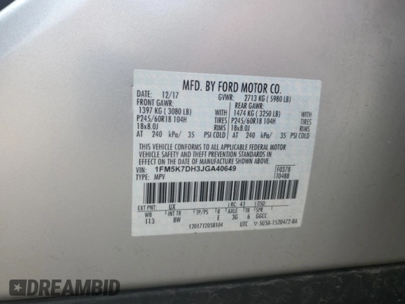 2018 Ford Explorer XLT with VIN 1FM5K7DH3JGA40649, listed as a Copart auction lot 60097085 with 326,069 mi miles and Clean title. Bid and sale history available at DreamBid. Image 13.