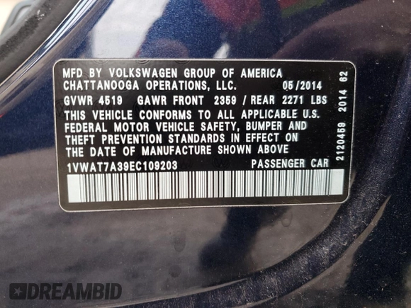2014 Volkswagen Passat Wolfsburg Edition z VIN 1VWAT7A39EC109203, wystawiony jako Copart lot #46023835 z przebiegiem 87 197 mil mil oraz Czysty tytuł • Clean title. Historia ofert i sprzedaży dostępna na DreamBid. Obrazek 12.