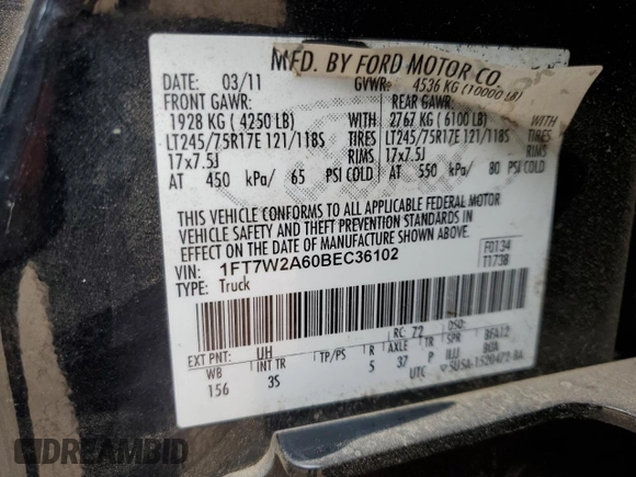 2011 Ford F-250 XL with VIN 1FT7W2A60BEC36102, listed as a Copart auction lot 81842894 with Not Provided miles and Salvage Title. Bid and sale history available at carsss.com. Image 12.