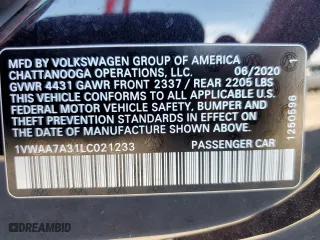 2020 Volkswagen Passat 2.0T S with VIN 1VWAA7A31LC021233, listed as a Copart auction lot 69210332 with 18,492 mi miles. Bid and sale history available at carsss.com. Image 14.